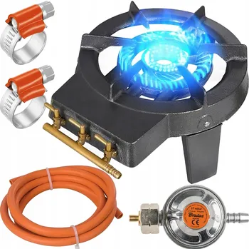 Turistický vařič PLYNOVÝ HOŘÁK STOLIČKA LITINOVÝ VAŘIČ 9 kW SADA 2m HADICE REDUKTOR