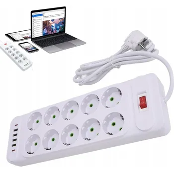 Napájecí kabel PRODLUŽOVACÍ KABEL LIŠTA 2M NAPÁJECÍ 6X USB UZEMNĚNÍ 10 ZÁSUVEK BÍLÁ 250V