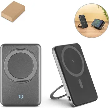 Powerbanka WARSHEL 5. Magnetická powerbanka 5 000 mAh s 15W superrychlou bezdrátovou nabíječkou z recyklovaného ABS (100% rABS) se stojánkem - Tmavě šedá