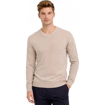 Pánský svetr Pánský svetr - B-6425 BEŻOWY vlněný klasický elegantní hladký dárek