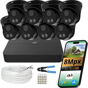 Bezpečnostní kamera Sada pro monitorování domu: 8 černých kopulovitých IP PoE kamer 8 Mpx 4K DVS