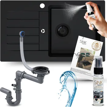 Granitový dřez DŘEZ kuchyňský GRANITOVÝ dřez ČERNÝ JEDNOKOMOROVÝ S ODKAPÁVAČEM + sifon