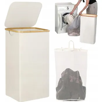 Koš na prádlo ÚZKÝ KOŠ NA PRÁDLO S VÍKEM Béžový SLIM 63L S VYJÍMATELNOU TAŠKOU