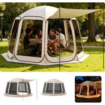 Stan Stan VEVOR s plachtou, 3660 x 3380 x 2300 mm, výklopný stan s plachtou pro 10–12 osob s prodlouženou markýzou, přenosný, se stíněnou stříškou a přepravní taškou, síťované boky, na terasu, venkovní aktivity, béžový