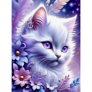 Diamantové malování Diamantové malování/Homfun - Bílá kočka a květiny + třpytivé kamínky (40x50)