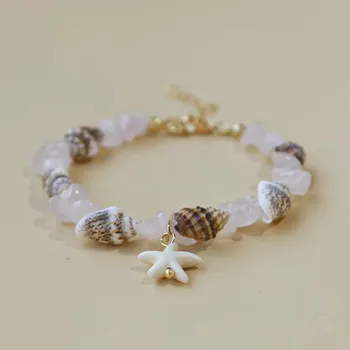 Náramek Růžový Náramek s Mušličkami a Kameny Ruční Výroba Summer Shells