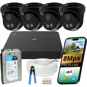 Bezpečnostní kamera Kompletní sada monitoringu 4 černé kopulovité IP PoE kamery 8 Mpx 4K 1 TB