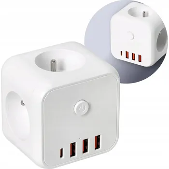 Elektrická zásuvka Síťová Rozbočka se 3 zásuvkami 230V, uzemněním, vypínačem + 4x USB, bílá