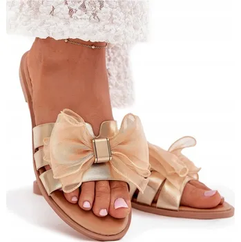 Dámské pantofle NAZOUVÁKY DÁMSKÉ Z EKO KŮŽE S PLOCHÝM PODPATKEM TYLOVÁ MAŠLIČKA ZLATÉ 38