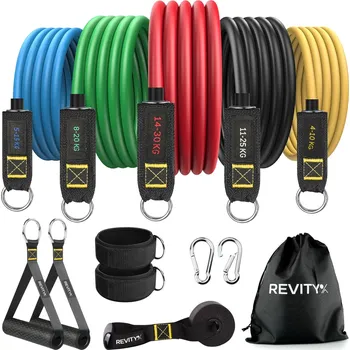 REVITY Sada 5 posilovacích odporových gum Workout Bands-s příslušenstvím, cvičební plán VÍCEBAREVNÁ