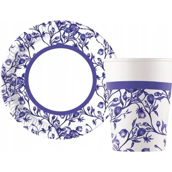 Jednorázové nádobí SADA MODRÝ PORCELÁN VZHLED PÁRTY - PAPÍROVÉ KELÍMKY A TALÍŘKY