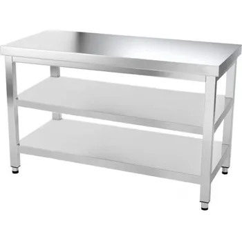 Dílenský stůl DASgastro Nerezový pracovní stůl s dvěma policemi bez zadního lemu - 1400 x 600 x 870 mm