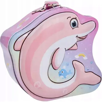 Pokladnička POKLADNIČKA S VISACÍM ZÁMKEM Kovová plechová kasička na klíček PRO DĚTI DÁREK Delfín