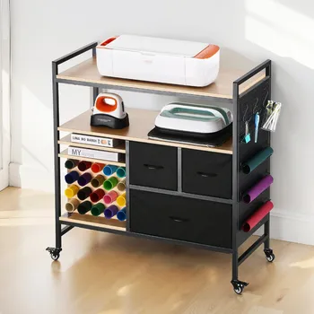 Dílna Vevor Pojízdný stolek s úložným organizérem, 20 držáků na vinyl, 3 zásuvky