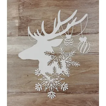 Vánoční dekorace Bílý výřez na okno - jelen s baňkami a vločkami - 30x25cm