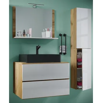 Koupelnový nábytek Vcm 4dílná umyvadlová skříňka Lendas BL L se zrcadlem 80 cm + vysoká skříňka, dub medový