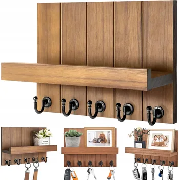 Věšák VĚŠÁK NA KLÍČE DŘEVĚNÝ S 5 HÁČKY A POLIČKOU DO PŘEDSÍNĚ, MONTÁŽNÍ SADA