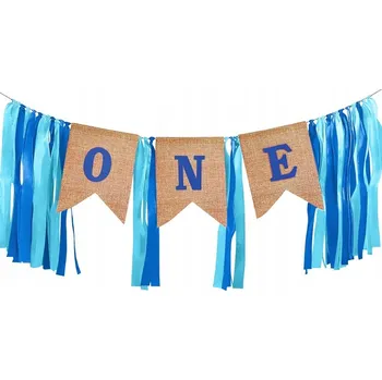 Jutový banner "ONE" s modrými stuhami - První narozeniny