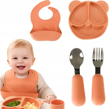 SILIKONOVÉ NÁDOBÍ PRO DĚTI A MIMINKA SADA ORANŽOVÁ 4 KS TALÍŘEK MEDVÍDEK