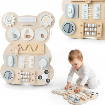 Dřevěná hračka Dřevěná Montessori manipulační tabule Medvídek – senzorická hra a učení