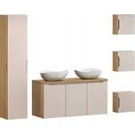 Závěsná koupelnová skříňka béžová 120 cm s deskou, umyvadly a sloupem
