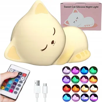 Lampička Měkká Noční Lampa KOČKA Pro Děti Barevná SILIKONOVÁ RGB LED + Dálkové Ovládání