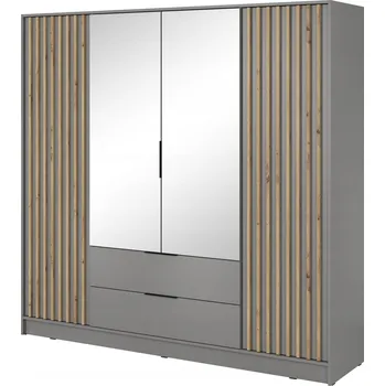 Šatní skříň Posuvná Skříň 206 cm šedá s lamelami, dub artisan, moderní se zrcadlem