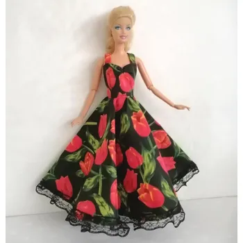 Doplněk pro panenku Oblečky pro panenku Barbie - šaty dlouhé s krajkou černé s červenými květy