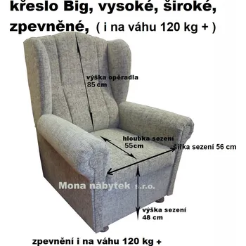 Křeslo Velké křeslo ušák - pro velké postavy, - varianta potahu Altara 16 , zvýšený sedák na 52 cm, zvýšené opěradlo na 85 cm, rozšířený sedák na 56 cm