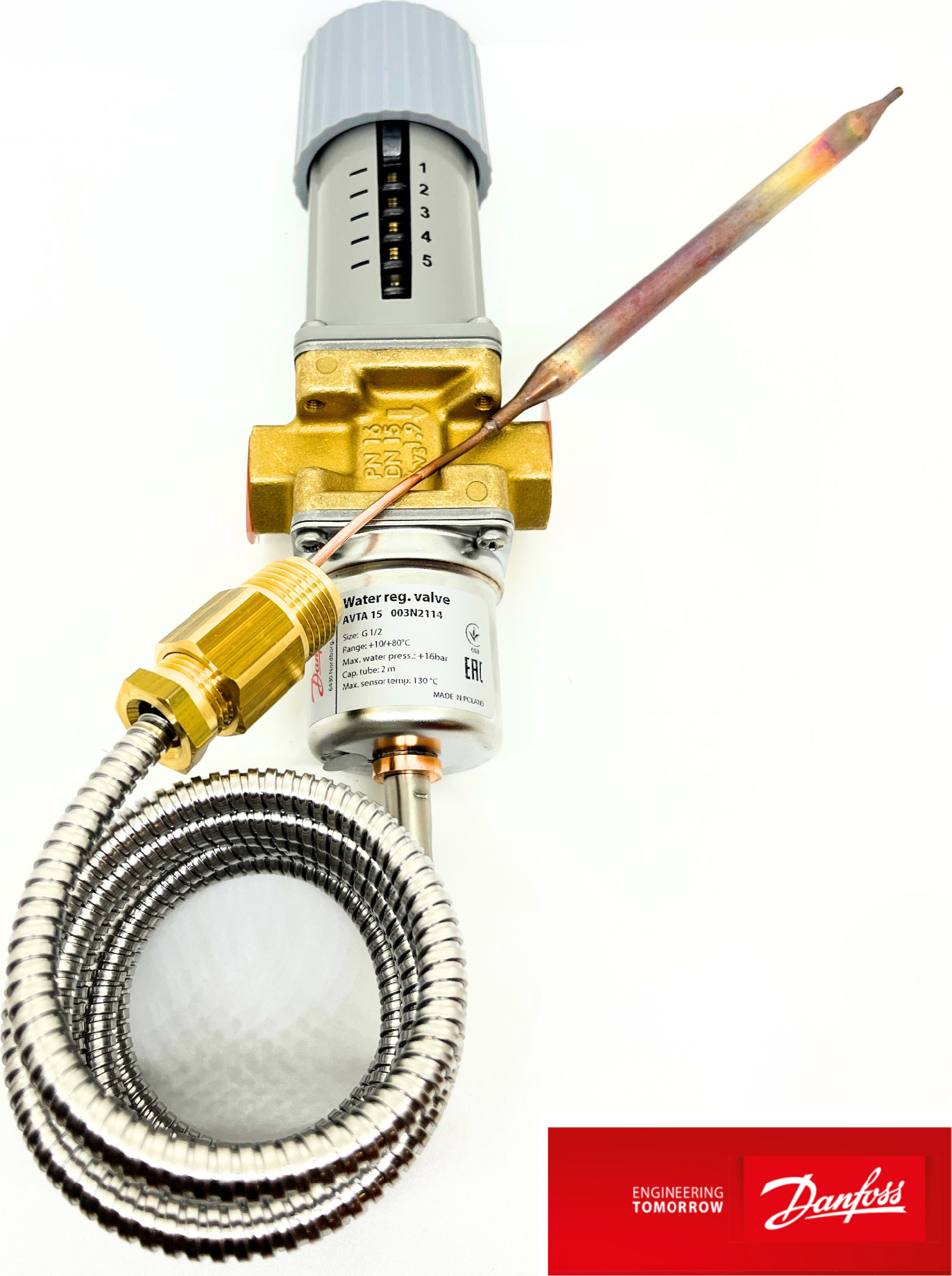 Danfoss AVTA 15 (003N2114) – termostatický vodní ventil G 1/2", 10–80 °C, Kv 1.9, kapilára 2 m (thermostatic water valve