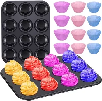 Forma na pečení Teflonový pečicí plech na muffiny + 12 silikonových košíčků