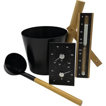 Saunový set – hliníkové vědro černé + naběračka + teploměr + vlhkoměr + přesýpací hodiny