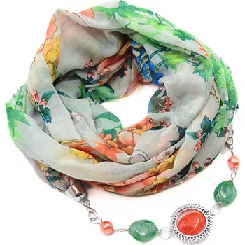 Šála Magotex Šála s bižuterií bavlněná - zelená s květinovým potiskem