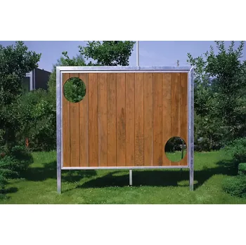 Fotbalová branka Střelecká stěna 3×2 m z masivního dřeva Schäper (Robustní fotbalová střelecká stěna 3×2 m s hliníkovým nosným rámem, masivními dřevěnými deskami a 2 cílovými otvory Ø 50 cm)