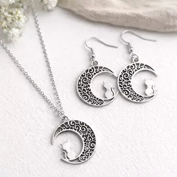 Souprava šperků Set řetízek a náušnice s měsícem a kočkou
