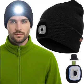 Pokrývka hlavy Dvouvrstvá zimní čepice s LED svítilnou - černá