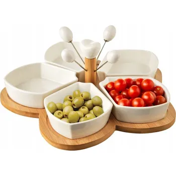 PORCELÁNOVÉ MISKY NA UZOBÁVÁNÍ BÍLÉ NA BAMBUSOVÉM PODNOSU NA OMÁČKY DIPY