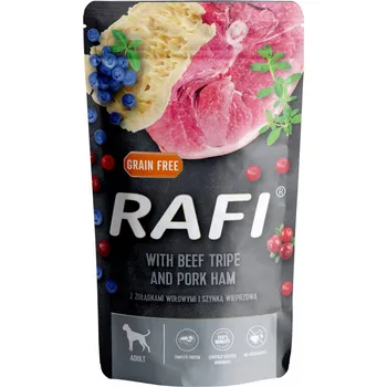Krmivo pro psa Rafi Vlhké krmivo pro psy hovězí žaludky se šunkou, kapsička 500 g