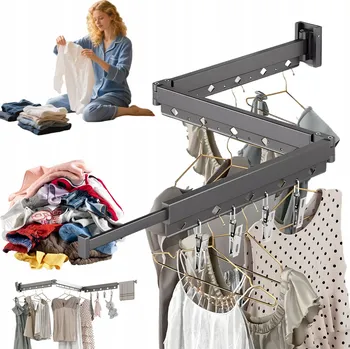 Sušák na prádlo SKLÁDACÍ ROZKLÁDACÍ VĚŠÁK NA ZEĎ NA OBLEČENÍ S 20 KLIPY ČERNÝ