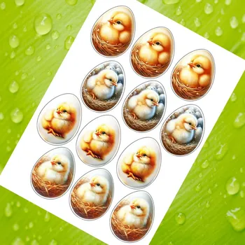 Jedlá dekorace na dort Velikonoční vejce KUŘÁTKA A ZAJÍČEK (7 cm) – 12 ks Fondánový list (NEVYŘEZÁNO)