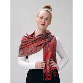 Šála Hedvábná šála Super velká Norbu červená se žlutou a světle modrou