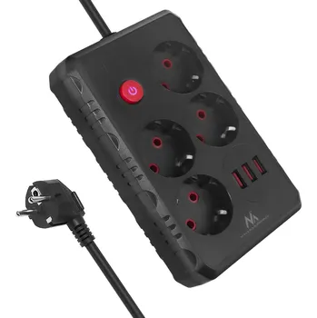 Napájecí kabel Napájecí lišta Maclean, prodlužovací kabel se 4 zásuvkami + 3xUSB, 110-240V AC 50/60Hz, 2,1A max. 2500W, 3m, černá, MCE393 B