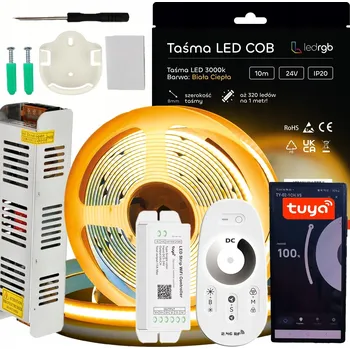 LED páska Sada LED COB pásky 24V 10m 3000K TEPLÁ BÍLÁ NAPÁJECÍ ZDROJ TUYA WIFI DÁLKOVÝ OVLADAČ RF