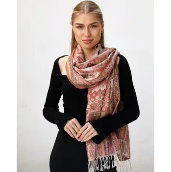 Šála Hedvábná šála Super velká smetanová s červenou