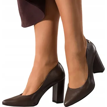 Dámské lodičky Lodičky Čokoládové Kožené Dámské Podpatek Hranatý Pohodlné Zlaté Očko vel. 37