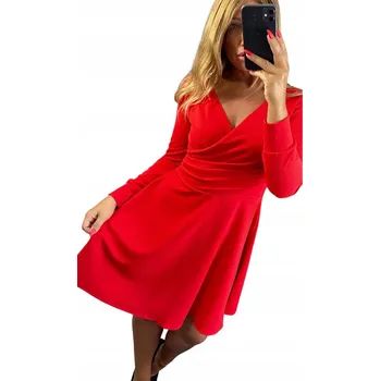 Dámské šaty V567 ŠATY S DLOUHÝMI RUKÁVY, HLADKÉ, ROZŠÍŘENÉ, ČERVENÉ vel. 44 (2XL)