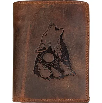 Peněženka Pánská kožená peněženka na výšku - Vlk vyjící - hnědá