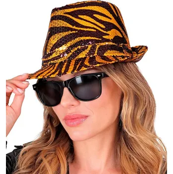 Klobouk Flitrový klobouk fedora Tygr, Karneval