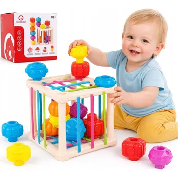 Hračka pro nejmenší ELASTICKÁ SENZORICKÁ KOSTKA EDUKAČNÍ TŘÍDIČ TVARŮ CHRASTÍTKO