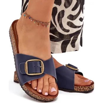 Dámské pantofle NAZOUVÁKY DÁMSKÉ KORKOVÁ PLATFORMA EKO KŮŽE PÁSEK S PŘEZKOU TMAVĚ MODRÉ 37